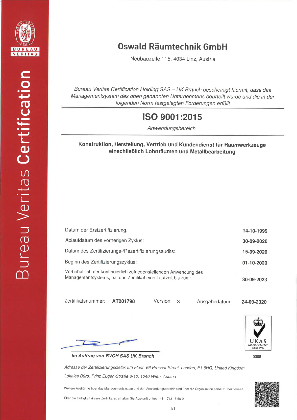 Zertifikat ISO 9001 / 2015 Zertifikat ISO 9001 / 2015